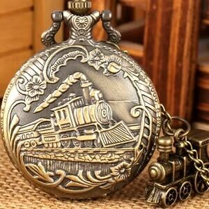 Train Steampunk Pocket Watch Railroad VTG Gold Christmas Birthday Mens Gift NEW